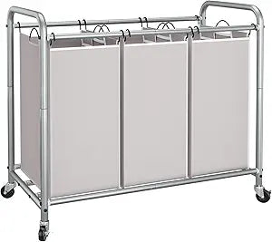 STORAGE MANIAC 3 Section Laundry Sorter, 35.6 Gal (135 L) Laundry Hamper Cart with Heavy Duty Rolling Lockable Wheels and Removable Bags, Clothes Organizer Basket Clothes Separator Hamper, Gray