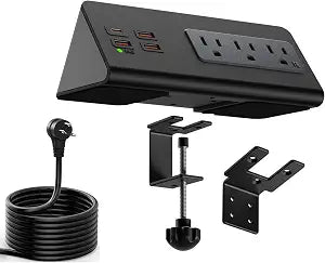 Upgraded Version Edge Mount Power Strip with USB-C Ports Tabletop Surge Protector Desk Clamp Power Sockets with 3 AC Outlets &4 Fast Charging USB Ports for Home Office Hotel Dormitory (Black - 1pack)