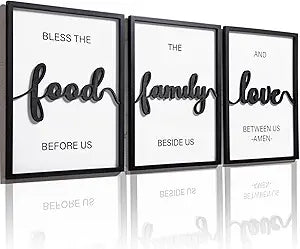 3D Wood Bless The Food Before Us Wall Decor, 36" x 16" Framed Kitchen Wall Art for Dining Room Wall Decor(Ready to Hang, 12x16 inches, Set of 3, Framed)