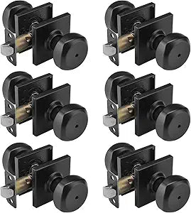 6 Pack Black Door Knobs Interior, Square Doorknob for Privacy Bath & Bedroom, Heavy Duty Door Knob with Lock