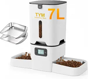 TYM Automatic Cat Feeder 2 Cats, 7L Cat Dry Food Dispenser with Double Bowls, Dual Auto Dog Feeder with Programmable Timer, Dual Power Supply, Easy to Clean for Multiple Cats and Small Dogs