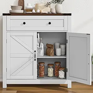 Farmhouse Storage Cabinet with 2 Doors, White Kitchen Cabinet with Walnut Countertop, Freestanding Floor Storage Cabinets Hutch Cupboard