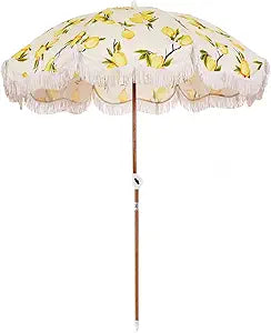 Business & Pleasure Co. Holiday Umbrella - Boho Beach Umbrella with White Fringe, UPF 50+, 1" Tilting Wood Pole, 5 x 6.5, Vintage Lemons