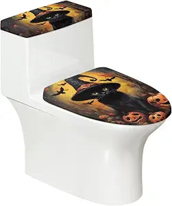 Halloween Toilet Lid Cover for Pumpkin Lantern Oblong Toilet Seat Cover Home Decoration Black Cat All Hallows' Eve Bathroom Accessory Fits Most Size Lids