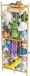 Triangle Wooden Corner Stuffed Animal Storage for Bedroom,Solid Wood Plush Toy Organizer with White Net, Tall Standing Zoo Tower for Kids Room, Playroom Decor