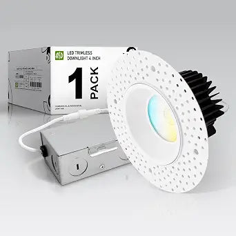 ASD 4 Inch Trimless LED Recessed Ceiling Light Fixture, Mud-in Canless Downlight with Junction Box, 5CCT Selectable 2700K-5000K, 15W 1055 Lumens, CRI90+, Anti-Glare, Dimmable, IC & Wet Rated, ETL