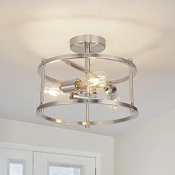 Semi Flush Mount 3-Light Modern Kitchen Light Fixtures - Brushed Nickel Metal Cage Ceiling Lights for Bedroom, Dining Room, Living Room, Hallway, Foyer