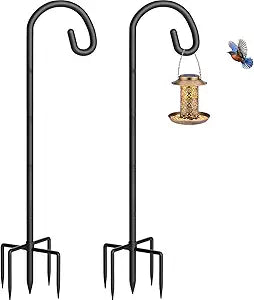 Shepherds Hook for Bird Feeder, 92" Heavy Duty Bird Feeder Pole with 5-Prong Base, Extra Thick Metal Shepherd Hook for Outdoor Hanging Plant Basket, Hummingbird Feeder, Solar Lantern, Black, 2 Pack