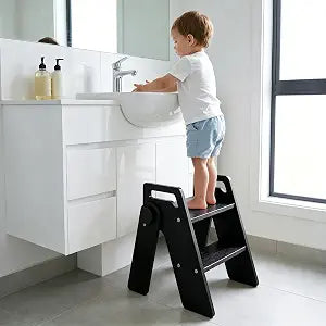 Foldable Wooden Step Stool for Kids,2-Tier Toddler Step Ladder with Handles, Non-Slip Safety Step Stool for the Bathroom Kitchen and Bedroom Nursery,Toddler Stool for Potty Training (Black)