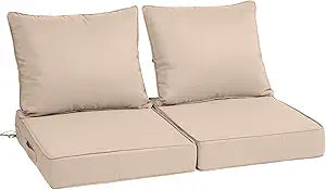 24x24x4in,Set2,Outdoor Chair Cushions with Back, Deep Seat Patio Cushions with Hidden Zipper Ties Handle, Waterproof Patio Furniture Replacement Cushion for Rattan Sofa,Khaki with White Trim