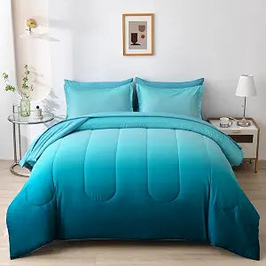 Anibedding Gradient Teal Full Size Comforter Set - 7 Pieces Lightweight Teal Green Microfiber Bed in a Bag - All Season Down Alternative Complete Bedding Set with Flat/Fitted Sheet