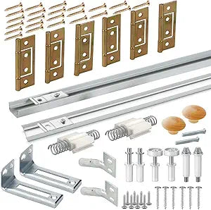 Bifold Door Hardware with Track, Bi-fold Closet Door Hardware Repair Tool Kit, Included Top Guide Wheels, Top Pivot, Bottom Pivot, Spring, Metal Pivot Pin and Steel Track (60 inch)