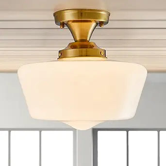 youngrender Semi Flush Mount Ceiling Light, Gold Schoolhouse Milk Glass Light Fixture, Vintage Brass Farmhouse Ceiling Light for Kitchen Hallway Entryway Bedroom Dining Room, E26