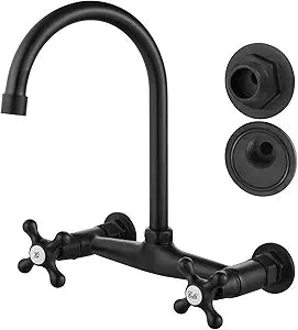 Airuida Wall Mount Matte Black Brass Faucet with Double Handle and Adjustable Adapter