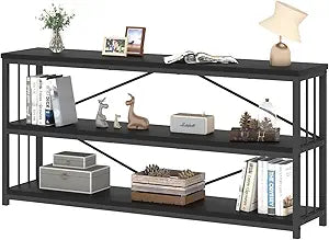 IBF 63" Black Low Horizontal Bookcase, Modern Long Wood Metal 3 Tier Book Shelf, Farmhouse Vintage Big Open Sturdy Bookshelf, Simple Large Wide Etagere for Home Living Room Office Bedroom, Black Oak