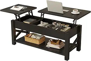 Rolanstar Coffee Table 47.2", 2 Way Lift Top Farmhouse Center Table with Hidden Compartment, Open Shelf & X Wooden Support for Living Room, Black