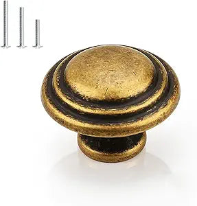 Gobrico 30 Pack 1-3/8" Bifold Cabinet Knobs, Round Ringed Antique Brass Cupboard Drawer Knob, Solid Vintage Dresser Knobs