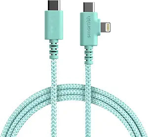 Smartish 2 in 1 USB C to USB C/Lightning Cable - Crown Joule - 6 Ft Fabric Wrapped Fast Charging Cord - for iPhone, Galaxy, Pixel - 100W Dual Fast Charger for Phones/Laptops - Teal Me More