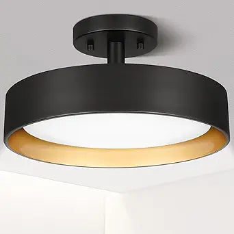 SunRider Semi Flush Mount Ceiling Lights, 12 Inch 25W LED Ceiling Light Fixture Black for Hallway Kitchen, Gold Inside, 5000K Daylight White, Dimmable