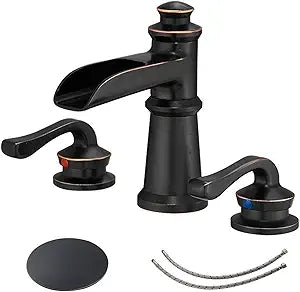 BWE Waterfall Widespread Bathroom Faucet 3 Hole Sink Farmhouse with Oil Rubbed Bronze Bath Bathtub Faucets Pop Up Drain Stopper Assembly and Supply Line 8-16 Inch 2 Handle Vanity Lavatory