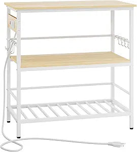 IBUYKE Kitchen Island with Storage, Bakers Rack with Power Outlet,Microwave Stand with Large Worktop,Rolling Bar Cart for Home, Outdoor, Kitchen,Light Wood TMJ029R