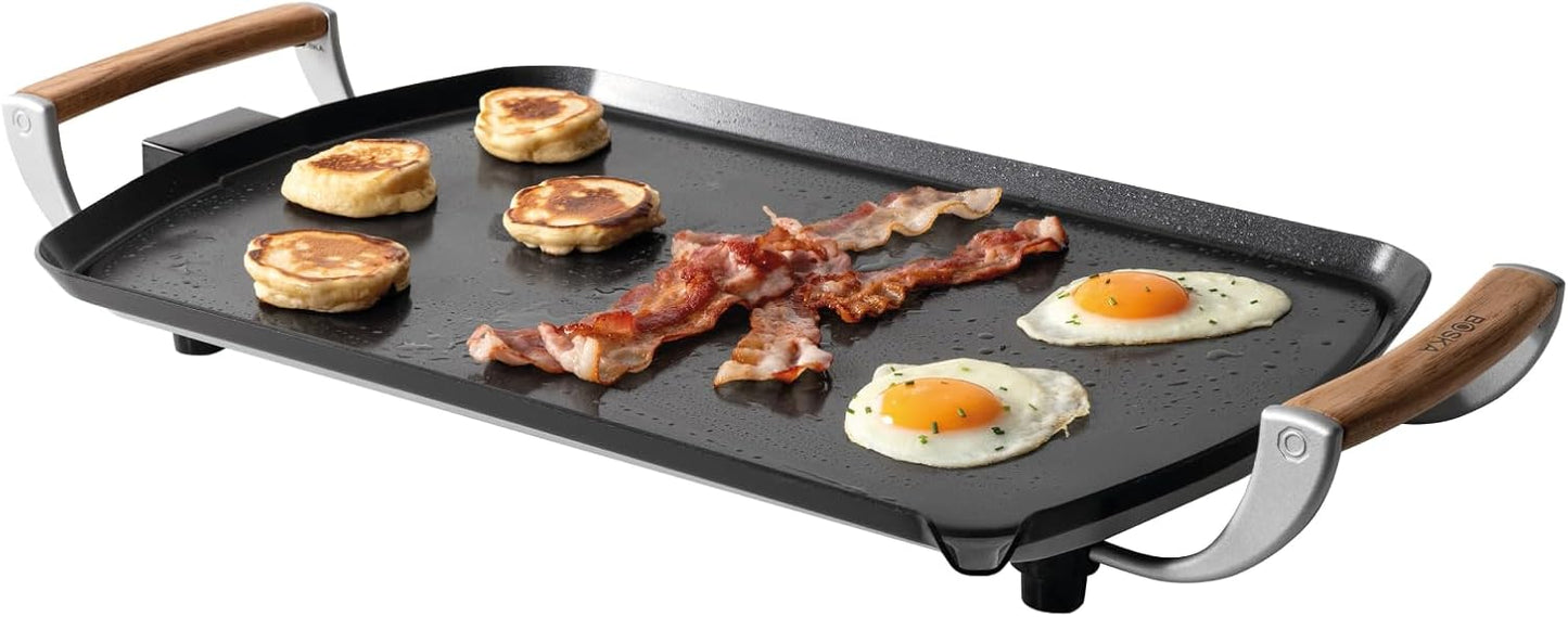 BOSKA Electric Griddle Pro Tabletop griddle - Electric grill with PFAS-Free Ceramic Nonstick Surface Adjustable Heat up to 420 F -Oak Wood Handles