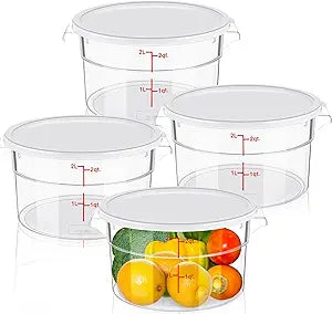 Ziliny 4 Pcs 2 Qt Clear Round Food Storage Container with Lid, Dough Proofing Bucket Clear Translucent Containers with Red Scale Commercial Grade for Pizza Bread Kitchen Organization(White)