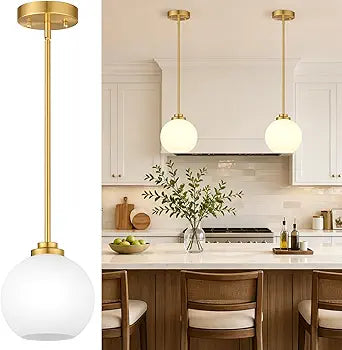 2 Pack 22"-50" Height Adjustable Glass Pendant Lights Kitchen Island, Globe Brushed Gold Pendant Lights with Milk Glass Shade, Mid Century Pendant Light Fixtures Kitchen Pendant Lighting over Island