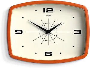 JONES CLOCKS Movie wall Clock | Retro Rectangular Clock | 10 inch | Orange | Cool mid-Century Designer Look for Kitchen, Living Room or Office