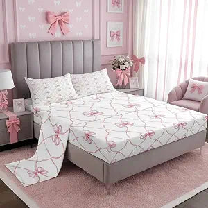 Erosebridal Pink Bowknot Bed Sheets Set Queen Bow Knot Sheet Set for Kids Girls Butterfly Knot Bow Tie Sheets Aesthetic Coquette Bedroom Decor Geometric Cartoon Flat Fitted Sheet
