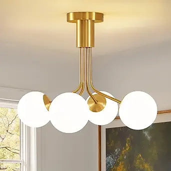 4 Lights Modern Chandelier Gold Semi Flush Mount Ceiling Light Fixture Sputnik Chandelier with Milky Frosted Glass Globe for Dinning Room Living Room Bedroom Hallway Entryway Kitchen