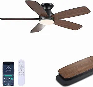 JSAITEE 48" Ceiling Fans with Lights Low Profile - Flush Mount Ceiling Fan with Light and Remote, 6 Wind Speeds Reversible, Quiet, 3CCT Dimmable, Fan Light for Modern Indoor, Bedroom, Kitchen, Brown