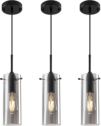 Smoke Gray Glass Pendant Lights Kitchen Island 3 Packs, Kitchen Pendant Lighting Over Island, Modern Hanging Pendant Light, Light Pendants for Kitchen Island, Living Room, Bathroom, Bedroom