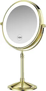 DOWRY 4000 mAh Rechargeable Lighted Makeup Mirror 10x Magnification Vanity Mirror Tabletop Two-Sided Swivel Gifts for Women Wife Mom Teengirls Mothers Day Gold Finish