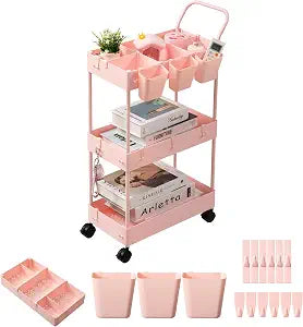 danpinera Plastic Slim Storage Cart, 3 Tier Narrow Rolling Cart on Wheels Bathroom Organizer with Dividers Handle Hanging Cups Hooks for Laundry Room Kitchen Small Spaces, Pink