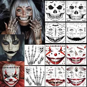 10Pcs Halloween Tattoos Ghost Face, Skeleton Makeup Stickers Temporary Tattoos For Men Women, Skeleton Face Tattoo Halloween Accessories