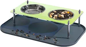 Elevated Cat Bowls with Food Mat Tilted 304 Stainless Steel Dishes for Cats | Raised Food and Water Bowl Set, Whisker Friendly Shallow Dish,10 tilted Anti-Vomiting, Durable Acrylic Base Feeder, Non-Slip