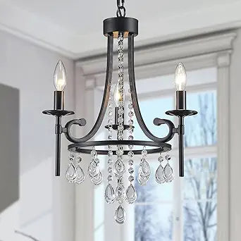 WUZUPS Candle Chandelier 3-Light Pendant Ceiling Light Modern Lighting Fixture for Bedroom Hallway Bar Kitchen Dinning Living Room Bathroom, Black, E12 Base, 16.1" Wide 23.8" High