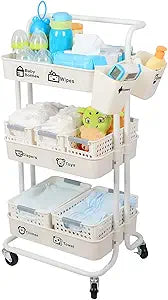 Baby Diaper Caddy Organizer Cart, 3-Tier Mobile Utility Rolling Cart with Baskets and Hanging Cups, Large Capacity Baby Essentials Storage Cart for Nursery, Changing Table & Crib, Easy to Assemble