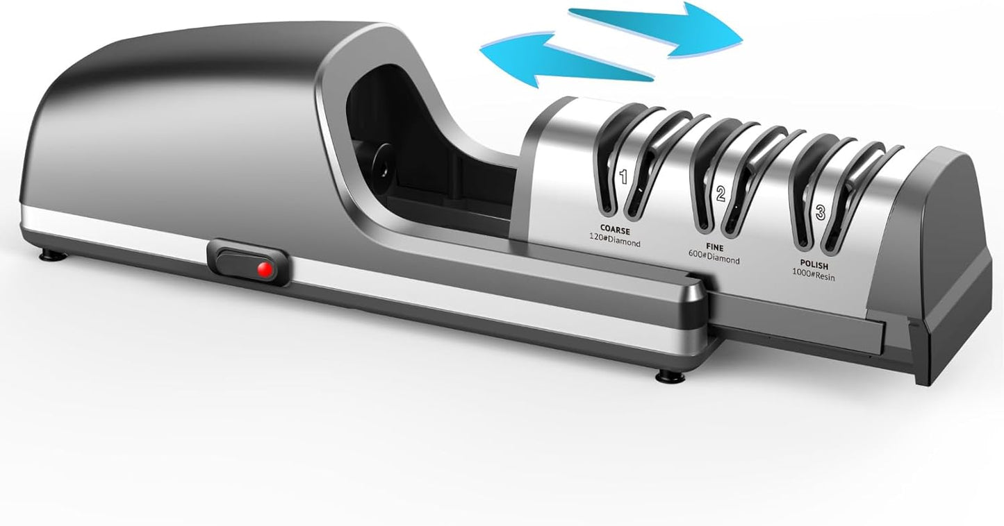 Electric Knife Sharpener, Professional 3-Stage Diamond Sharpening System with Replaceable Sharpening Head, 15 Precision Angle, Suction Base, Metal Filings Collector for Kitchen Knives
