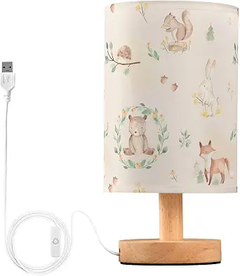 Bedside Table Lamp Woodland Animals Nightstand Lamp with Wood Forest Rabbit Deer Hedgehog Floral Desk Lamps for Bedroom Living Room Nursery Office Home Decor