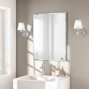 KOHROS Bathroom Mirror 20 x 28" Frameless Rectangle Bathroom Vanity Mirror w/Polished Edge Beveled Mirror for Hallway Entryway Dressing Room (Silver)