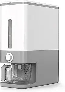 Proarea Rice Dispenser 25 Lbs, Airtight Grain Rice Storage Container with Measuring Cup, One-Touch Dry Food Dispenser for Kitchen Pantry, Clear Scale Window, Grey
