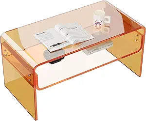 Acrylic Coffee Table, Orange Rectangle Side Table Furniture, Modern Tea Table with Open Storage for Living Room, Office Reception and Bedroom