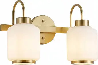2 Light Bathroom Gold Vanity Lights, Industrial Vintage Wall Mount Brass Powder Room Wall Lamps with Milk Glass Shade, Kitchen Over Wall Light, Indoor Hallway Side Fixtures Hardwired