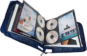 DVD CD Storage Case with Extra Wide Title Cover Pages for Blu Ray Movie Music Audio Disk (Portable Carrying Binder Holder Wallet Album Home Organizer Shelf)- Blue, 192 Disk Units, 96 Booklet Pockets