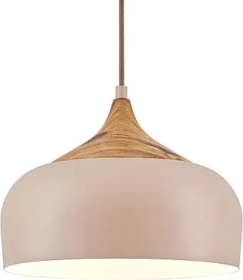 ELYONA 12 Inch Modern Pendant Light for Kitchen Island Farmhouse Hanging Lamp with Faux Pine Wood Grain Metal Shade, Adjustable Wabi Sabi Boho Ceiling Fixture for Dining Room Bedroom,Light Brown