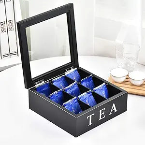 Wood Tea Storage Box, Teabag Storing 9 Compartments Wooden Tea Box Hinged Glass Lid Tea Organizer-Black