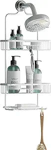 Zenna Home Rustproof Hanging Shower Caddy, Over the Shower Head Caddy with 2 Shelves and Built In Hooks, Aluminum Bathroom Hanging Organizer, Satin Chrome