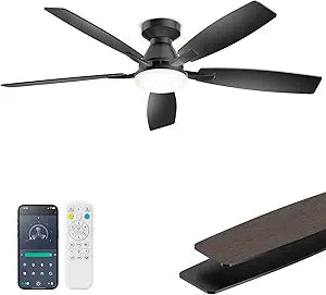 52 Inch Ceiling Fans with Lights, Remote & APP Control, Quiet DC Motor, Dimmable 3CCT LED Light, 6 Speeds, Reversible Low Profile Flush Mount Ceiling Fan for Bedroom Living Room Patio, Black